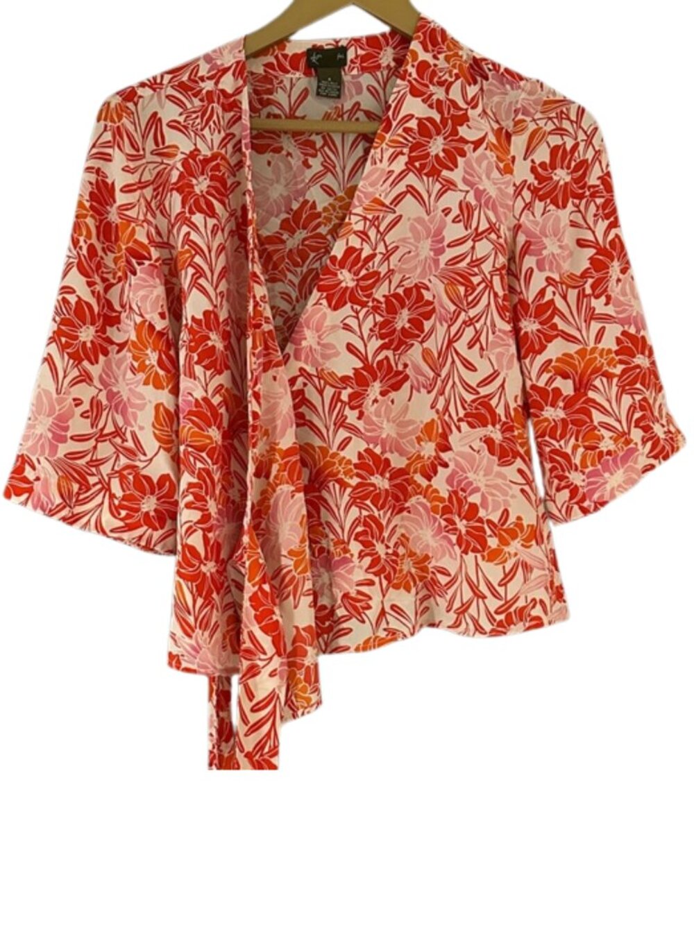 Silk Floral Wrap Blouse Pink Orange Tie Front Top Lightweight Boho Chic